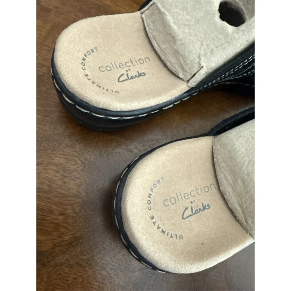 Clarks Leather Leisa Faye Sz 37.5 Adjustable Triple Strap Slip On Black Sandals